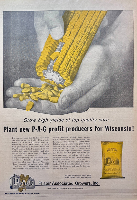 1962 P-A-G Pfister Associated Growers Inc, Corn Seed for Wisconsin Vintage Ad