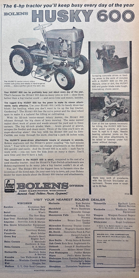 1962 Bolens Husky 600 6HP Lawn & Garden Tractor - Vintage Ad