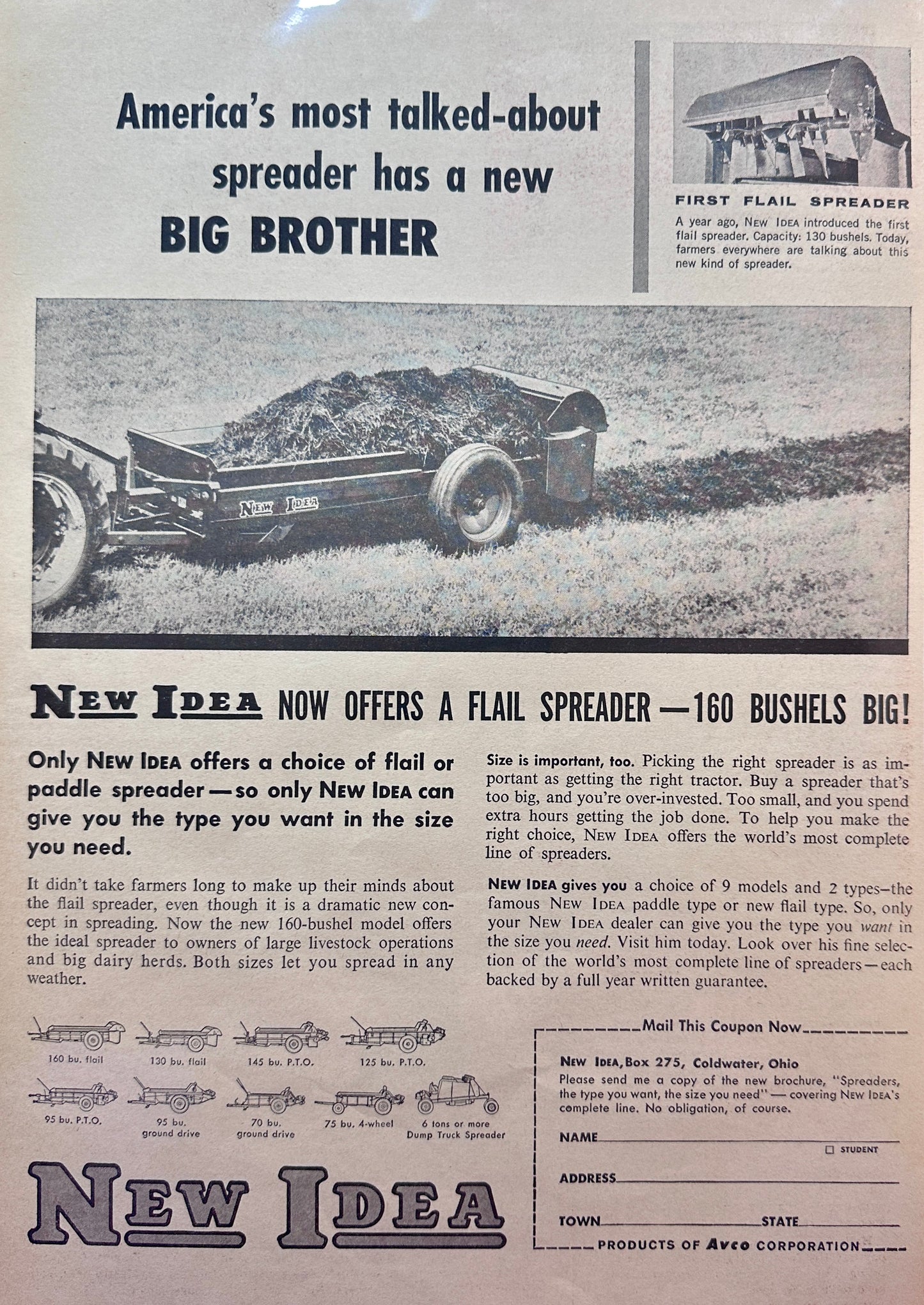 1961 New Idea Offers a Flail Spreader - 160 Bushels Big - Vintage Ad