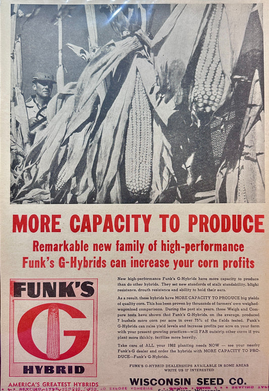 1961 Funk's G Hybrid Corn Seed More Capacity to Produce - Vintage Ad