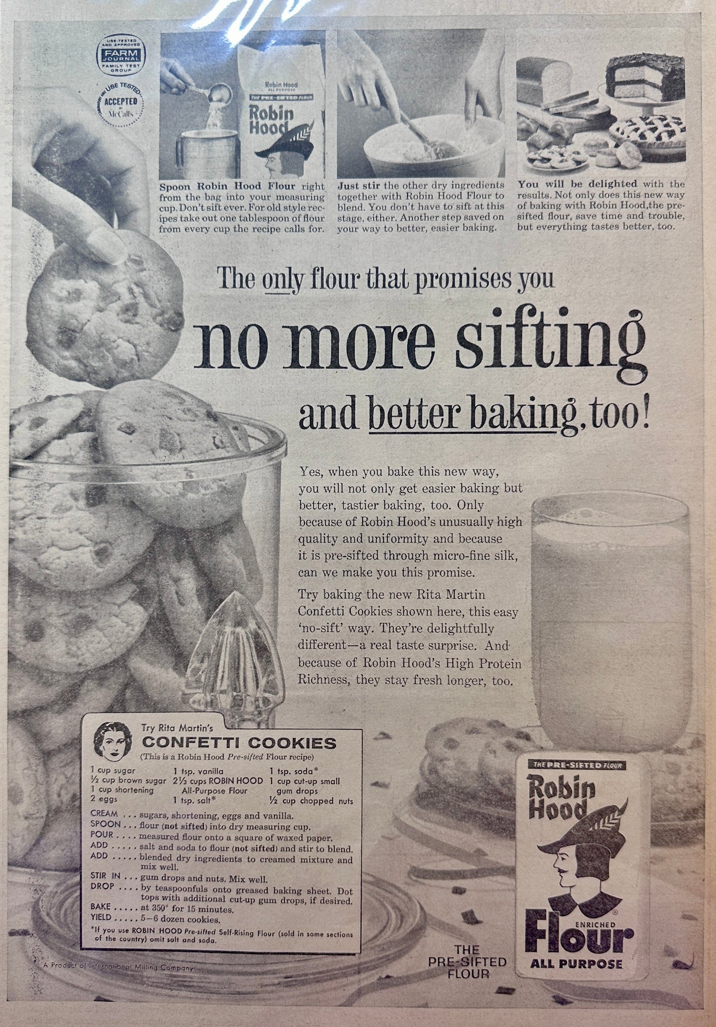 1961 Robin Hood All Purpose Flour -No More Sifting! Vintage Ad