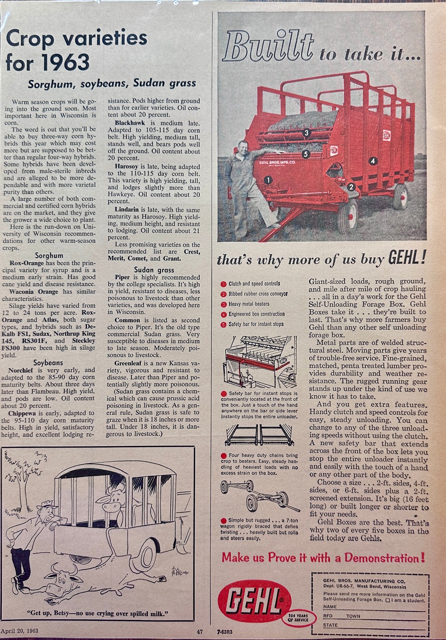 1963 Gehl of West Bend, Wisconsin Farm self-Unloading Forage Boxes Vintage Ad