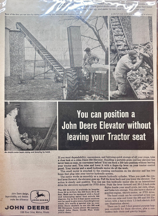 1963 John Deere Elevator - Position Without Leaving You Tractor Seat - Vintage Ad