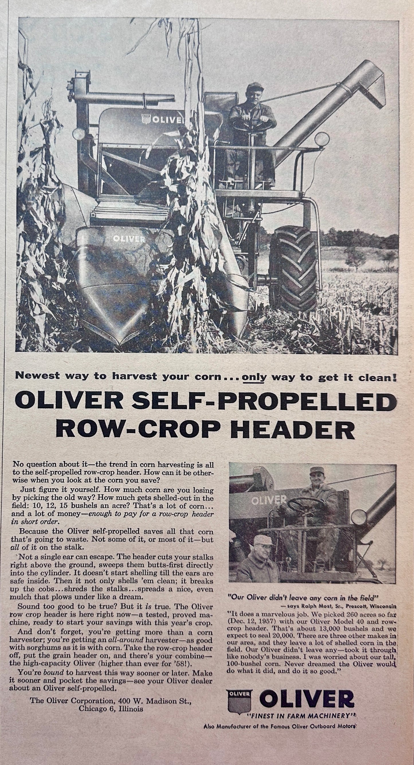 1958 Oliver Self-Propelled Row-Crop Header - Vintage Ad