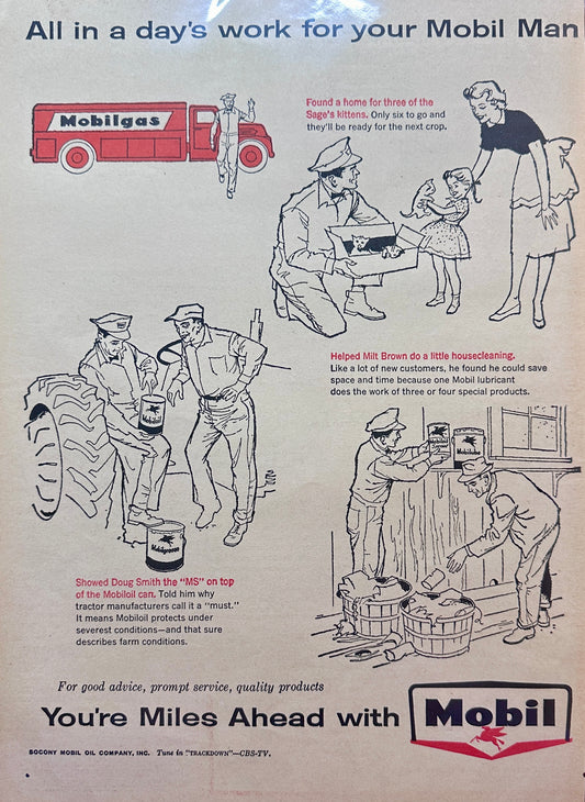 1958 All In A Day's Work for you Mobile Oil Man - 3 of the Sages Kittens - Vintage Ad