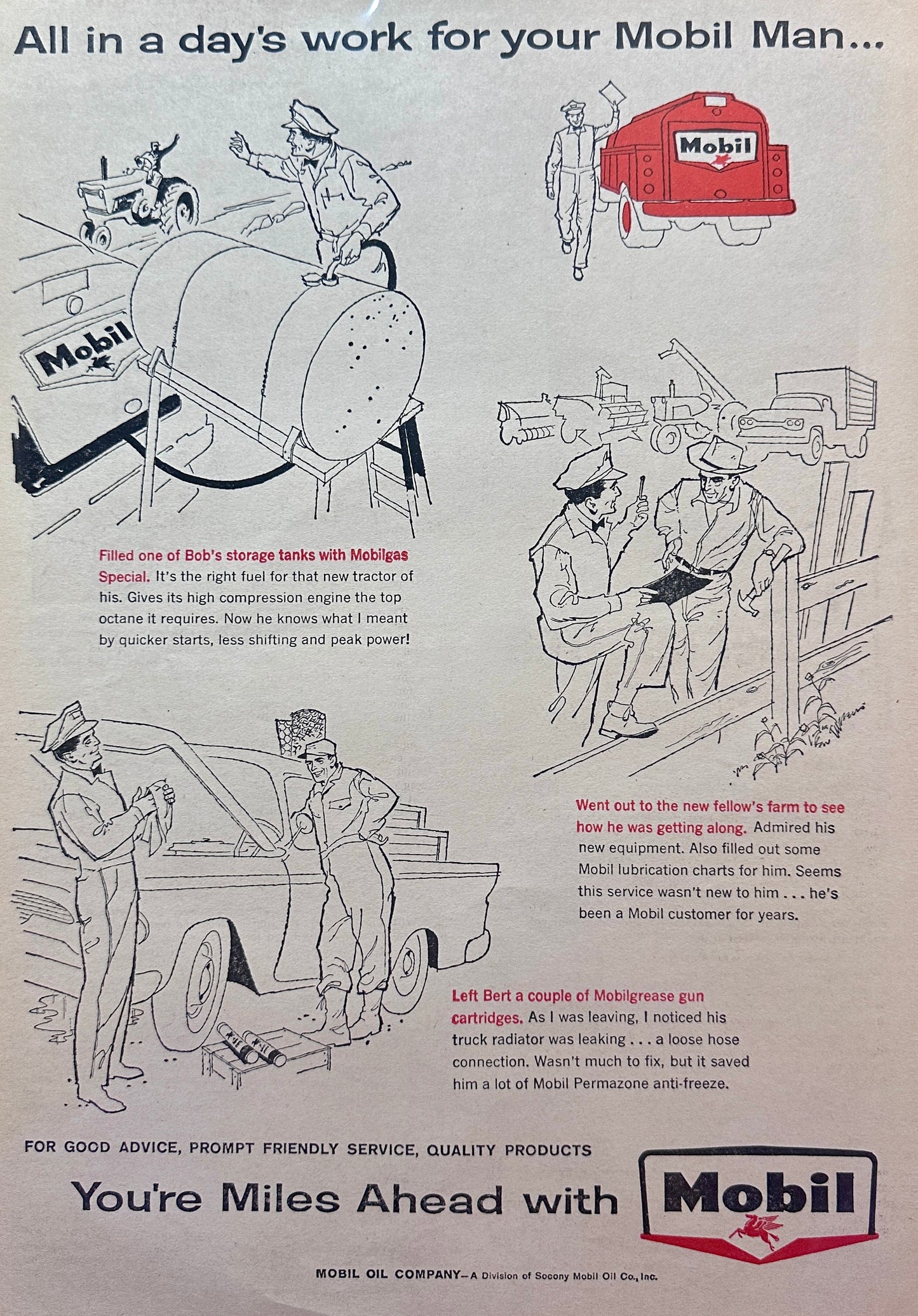 1959 All In A Day's Work Mobil Man Rural Deliveries - Vintage Ad