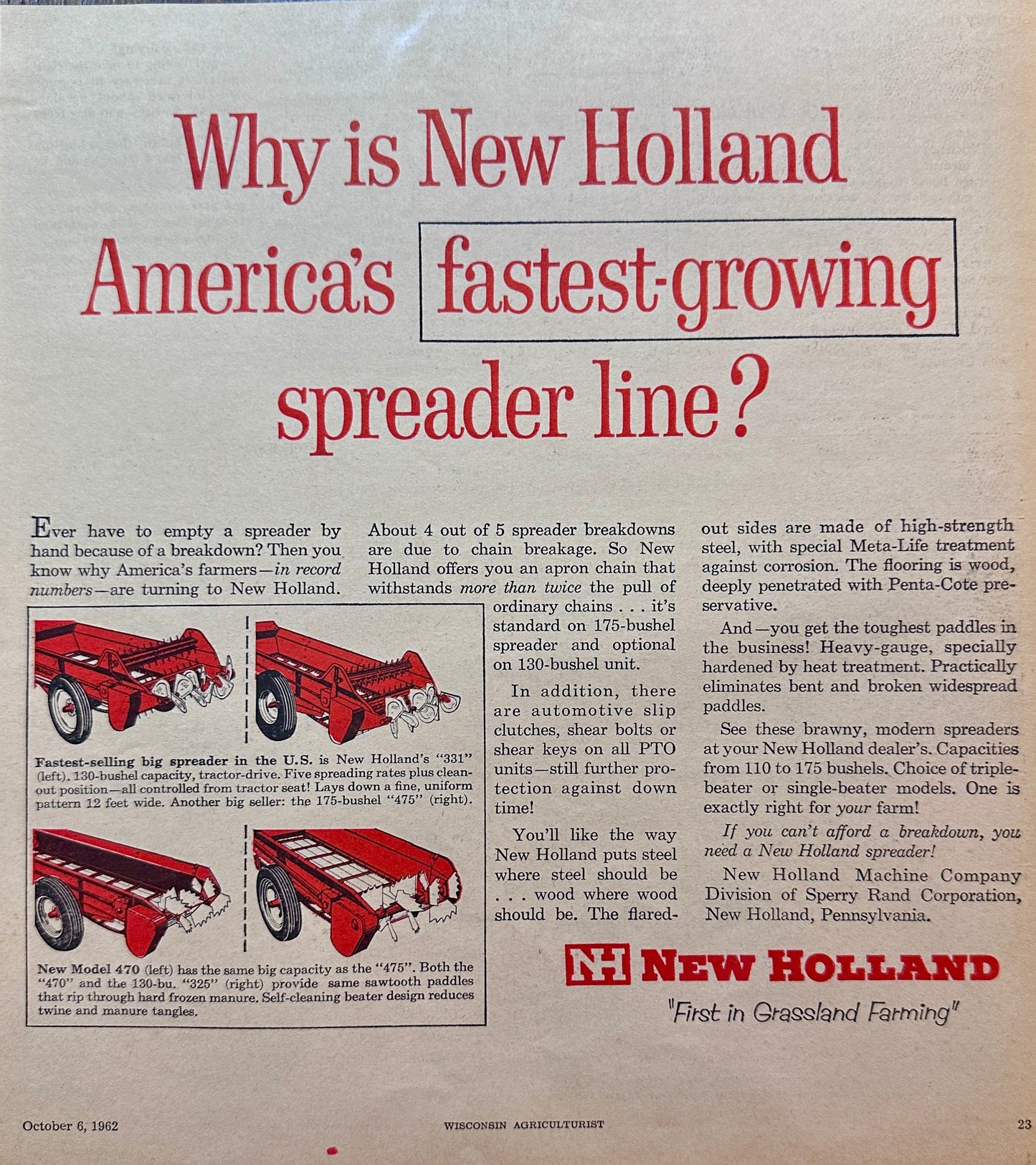 1962 - Why is New Holland America's Faster Growing Spreader Line - Vintage Ad