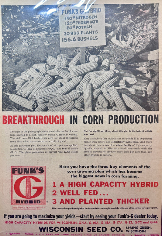 1962 Funk's G-Hybrid Corn Seed - Wisconsin Seed Co - Vintage Ad