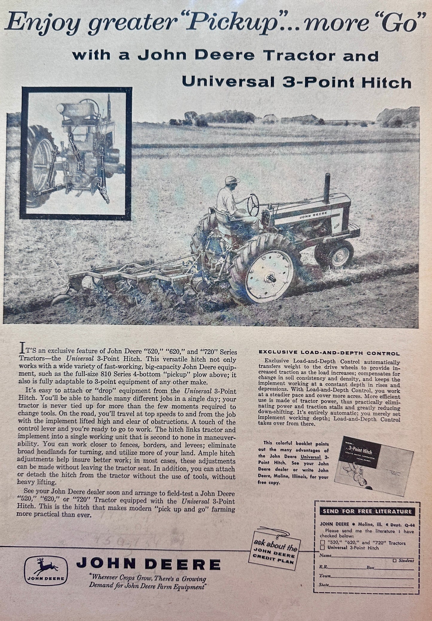 1958 John Deere 520, 620 & 720 with Universal 3-point Hitch - Vintage Ad