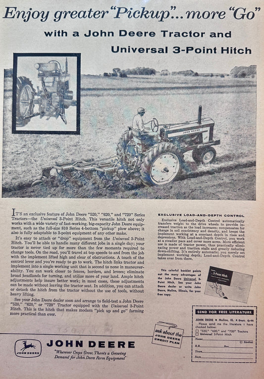 1958 John Deere 520, 620 & 720 with Universal 3-point Hitch - Vintage Ad