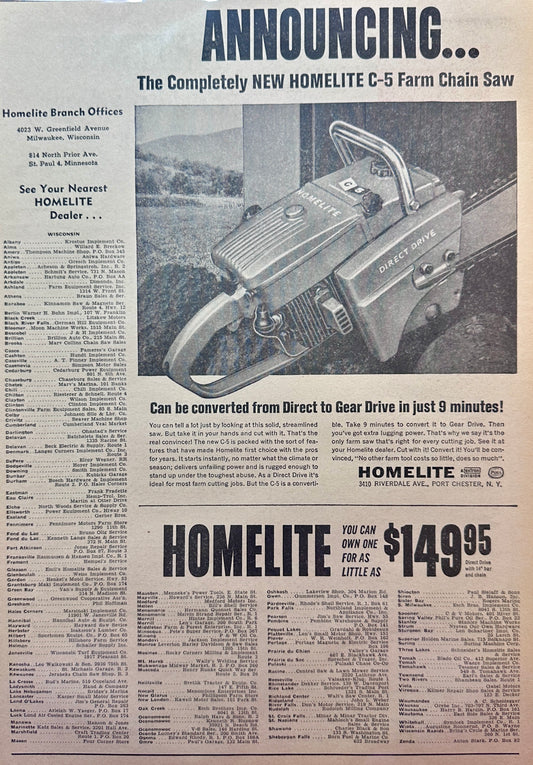 1962 Homelite Chain Saw C-5 Direct to Gear Drive in Just 9 Minutes - Vintage Ad