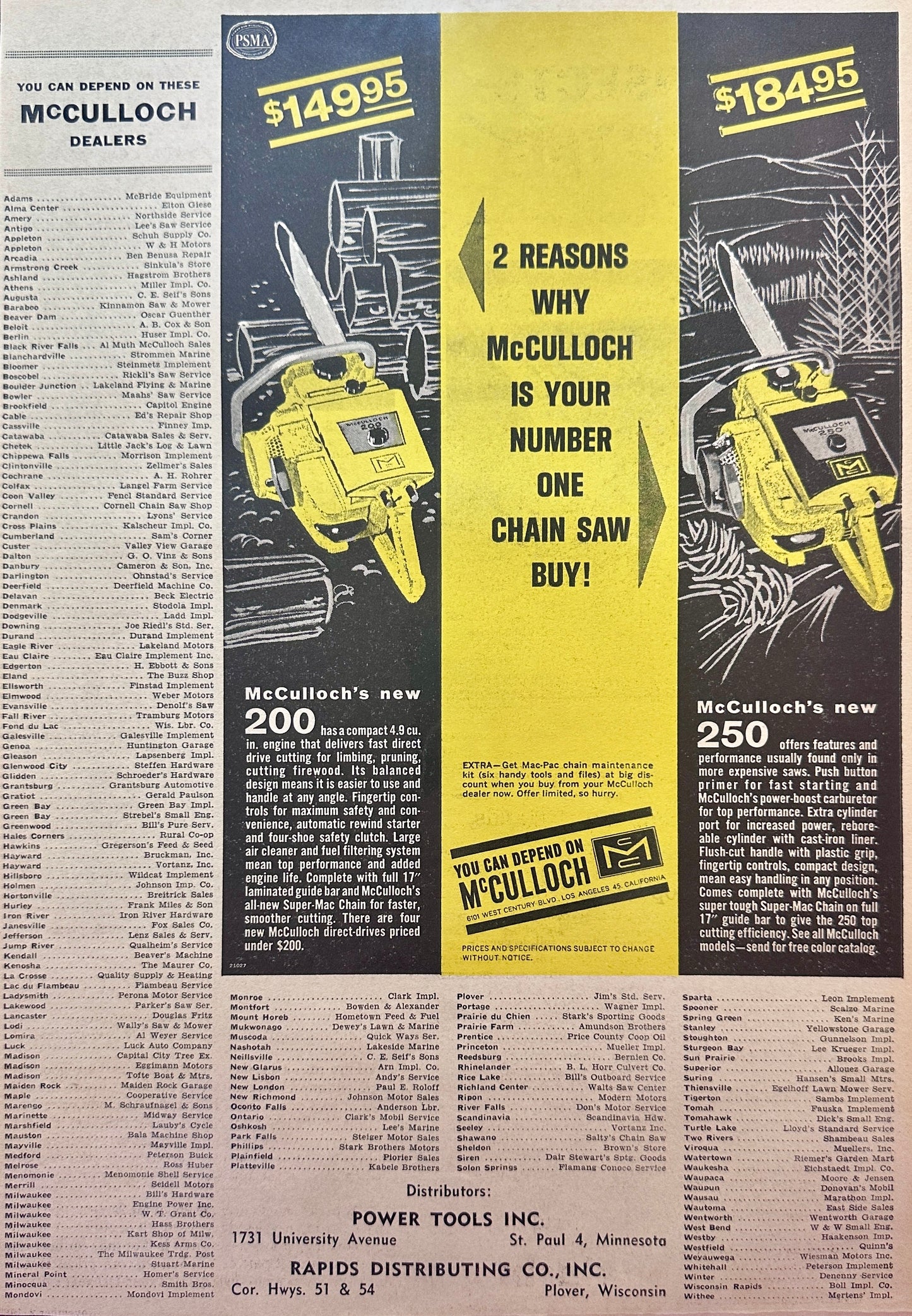 1963 McCulloch Chain Saws MAC 200 and MAC 250 Vintage Ad