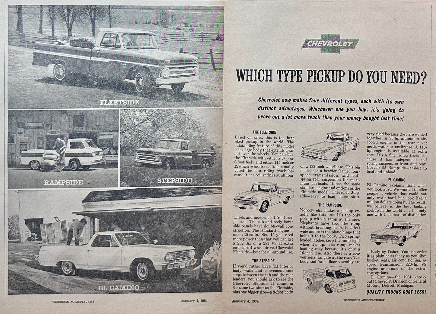 1964 2-Page Magazine Ad Chevrolet Pickup Trucks 4 models HIghlighted