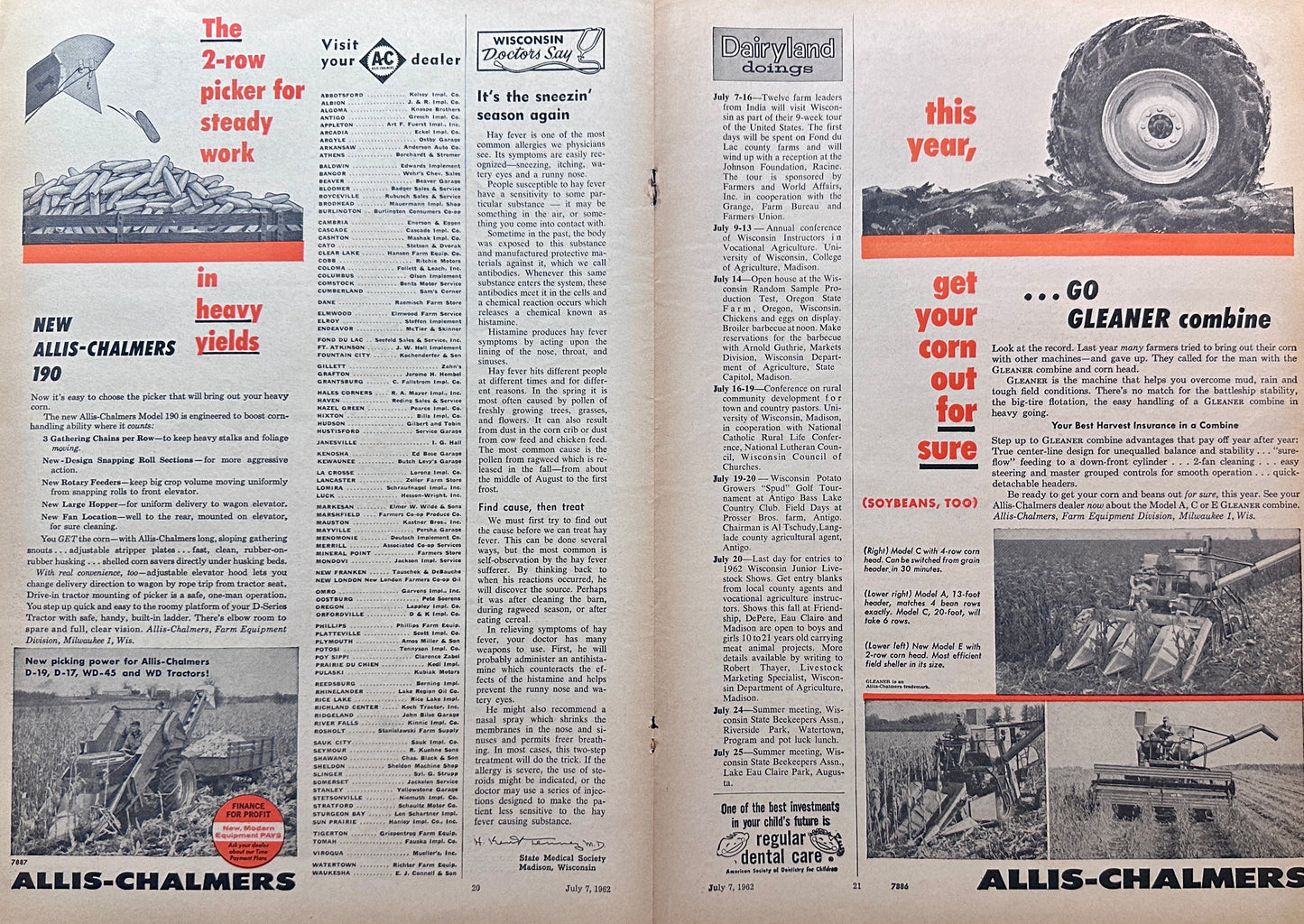 1962 Allis Chalmers Unique Centerfold Magazine Ad Gleaner Combine & 190 Picker Ad