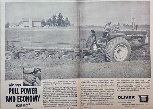 1962 2-Page Vintage Ad Oliver 1800 Tractor with Hydra-Power Drive