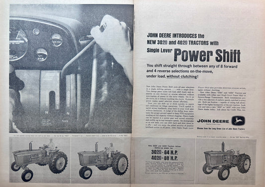 1963 2-Page John Deere Power Shift 3020 and 4020 Tractors Vintage Ad