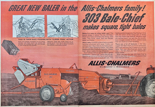 1963 Large 2-Page Vintage Ad Allis-Chalmers 303 Baler