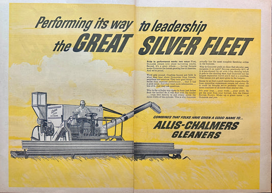 1963 Large 2-Page Allis Chalmers Gleaner Silver Fleet Vintage Ad