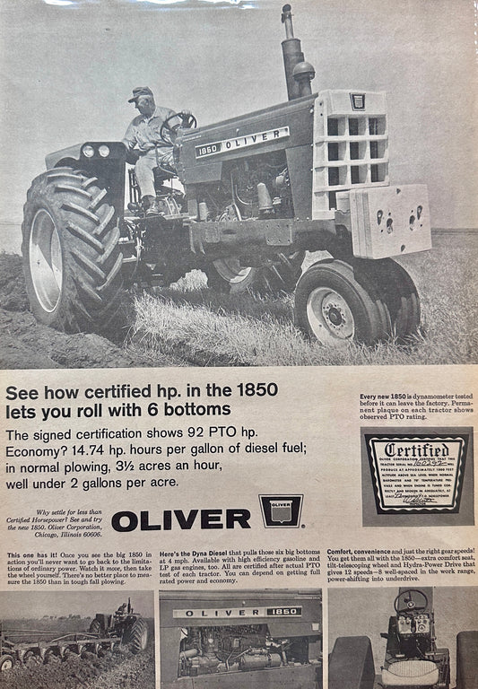 1964 Oliver 1850 Tractor - Certified Horsepower - Vintage Ad