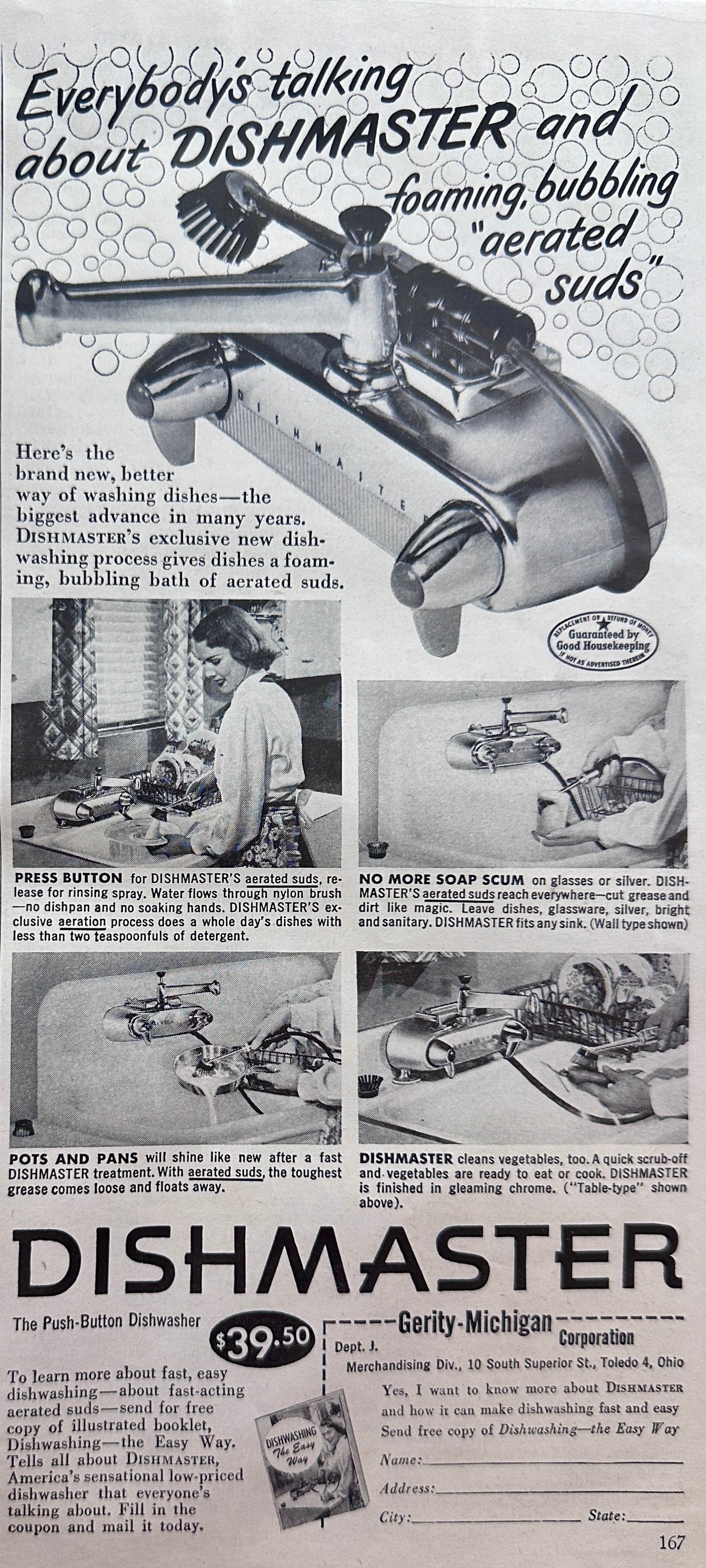 1950 Dishmaster Kitchen Faucet Next Best Thing to a Dishwasher Ad