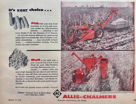 1958 Allis-Chalmers Corn Picker - Combine & PAG Pfister Hybrid Seeds Ad