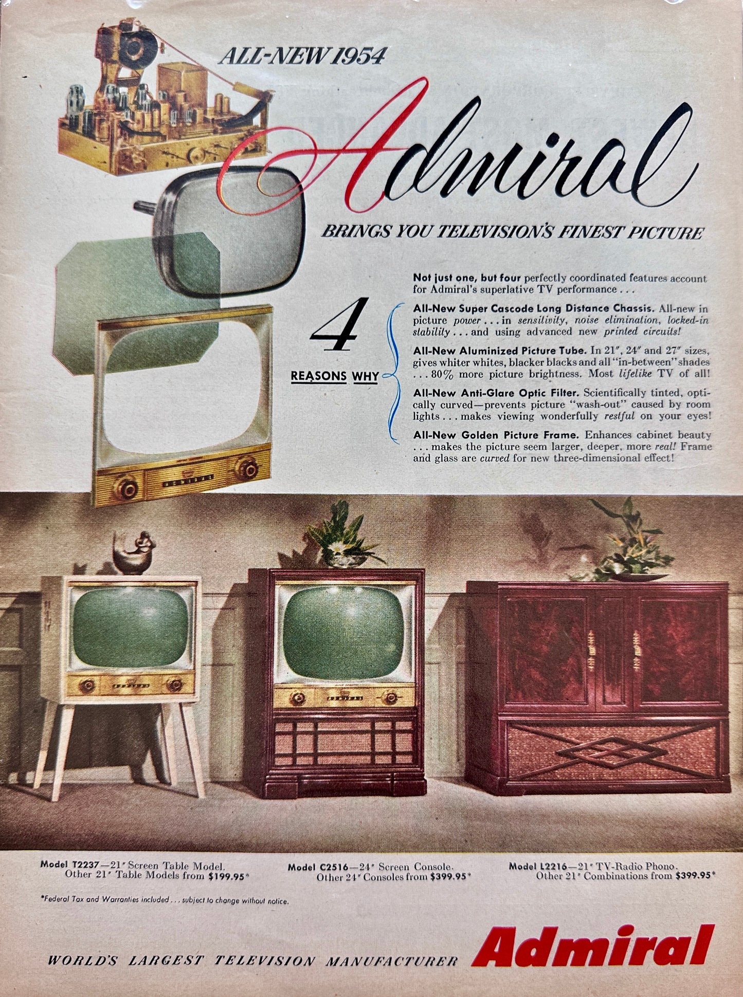 1953 - 1954 All new Admiral Television & Chrysler Deep-Breathing V8 Engine Ads