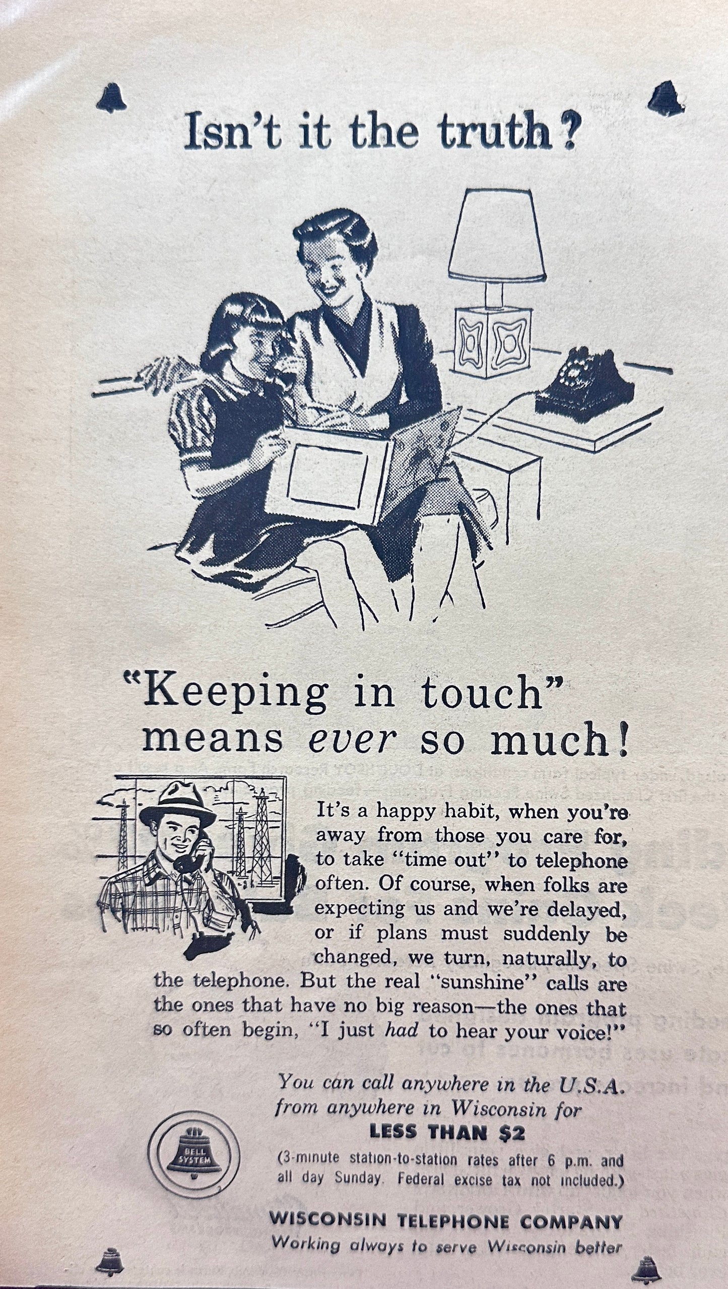 1958 Bell Telephone System - Keeping In Touch Means Ever So much! Vintage Ad