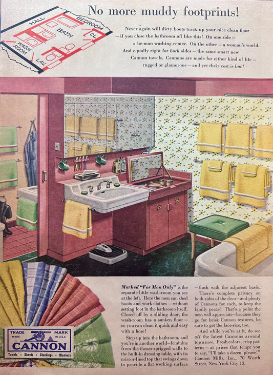 1948 Cannon Towels - Clever Bathroom Design - Vintage Ad