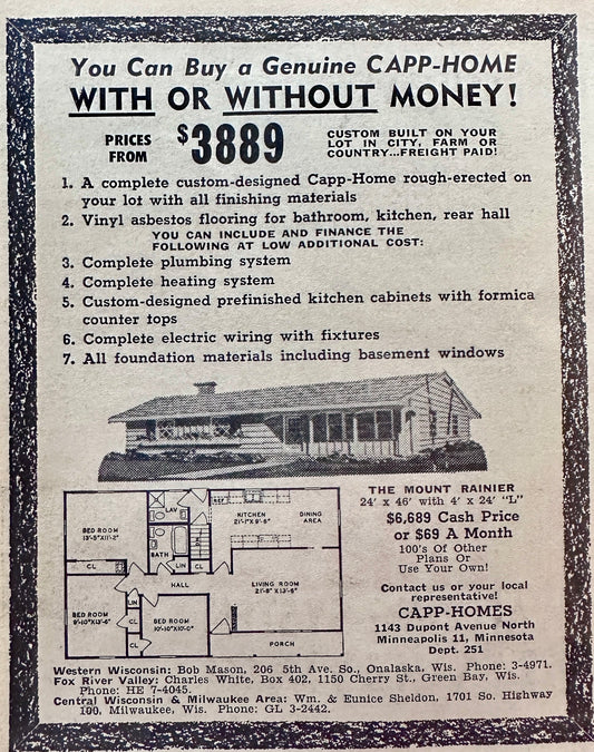 1962 Capp-Homes Mt. Rainier Ranch Style Prefab - Minneapolis Vintage Ad