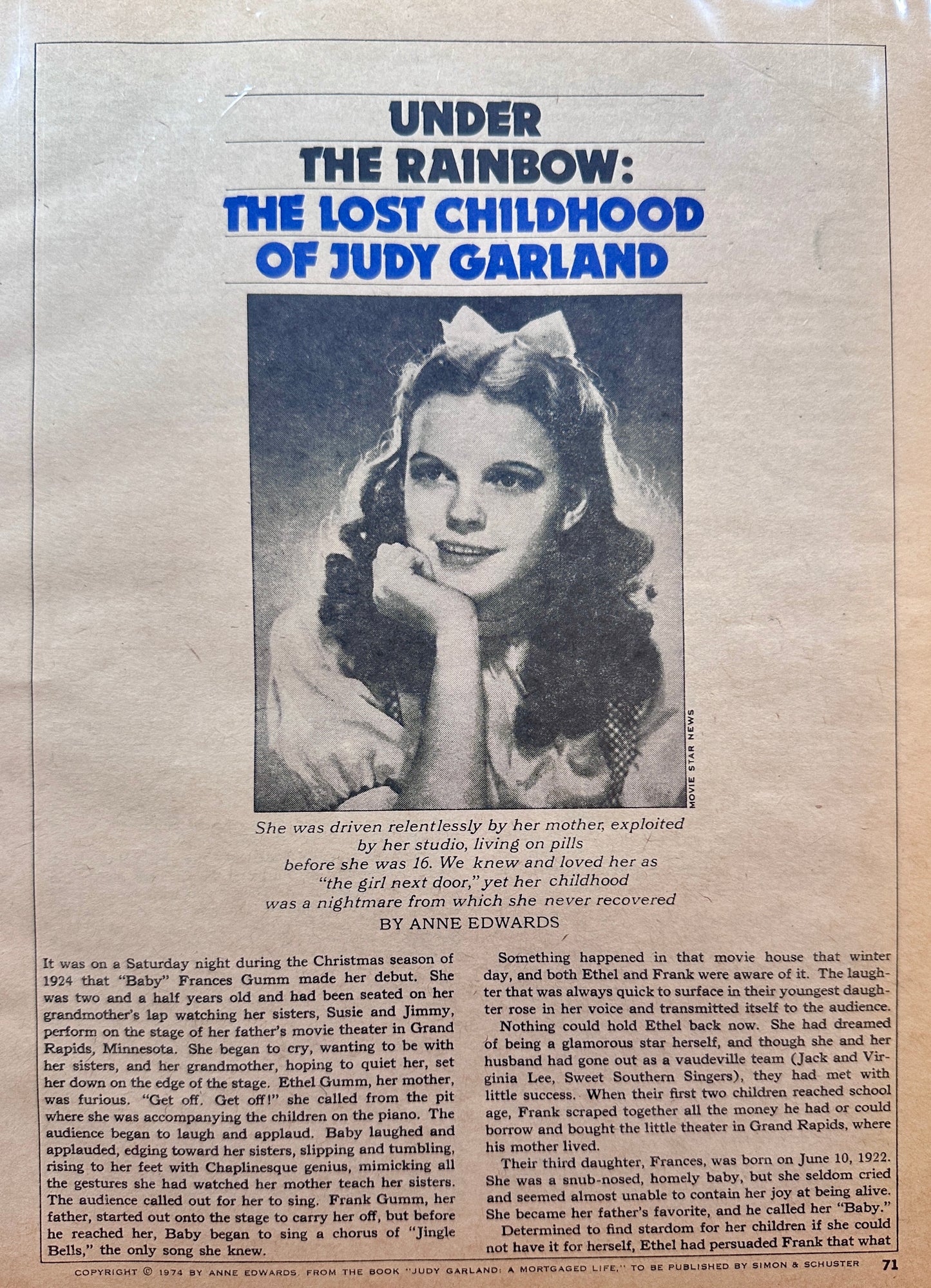 1974 Feature Article on Judy Garland - The Lost Childhood Multiple Pages