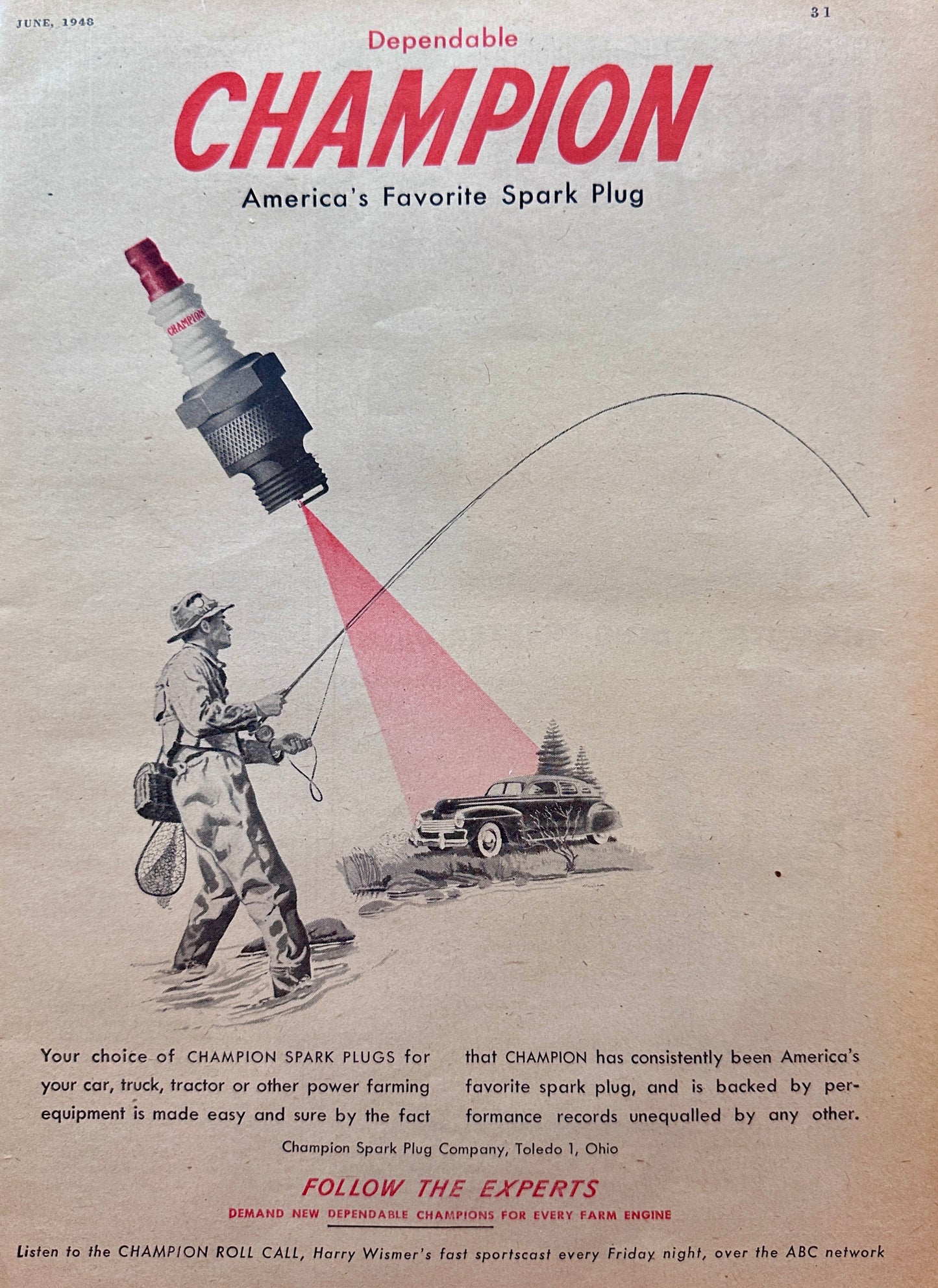 1948 Champion Spark Plug - Dependable - Gone Fishing Vintage Ad