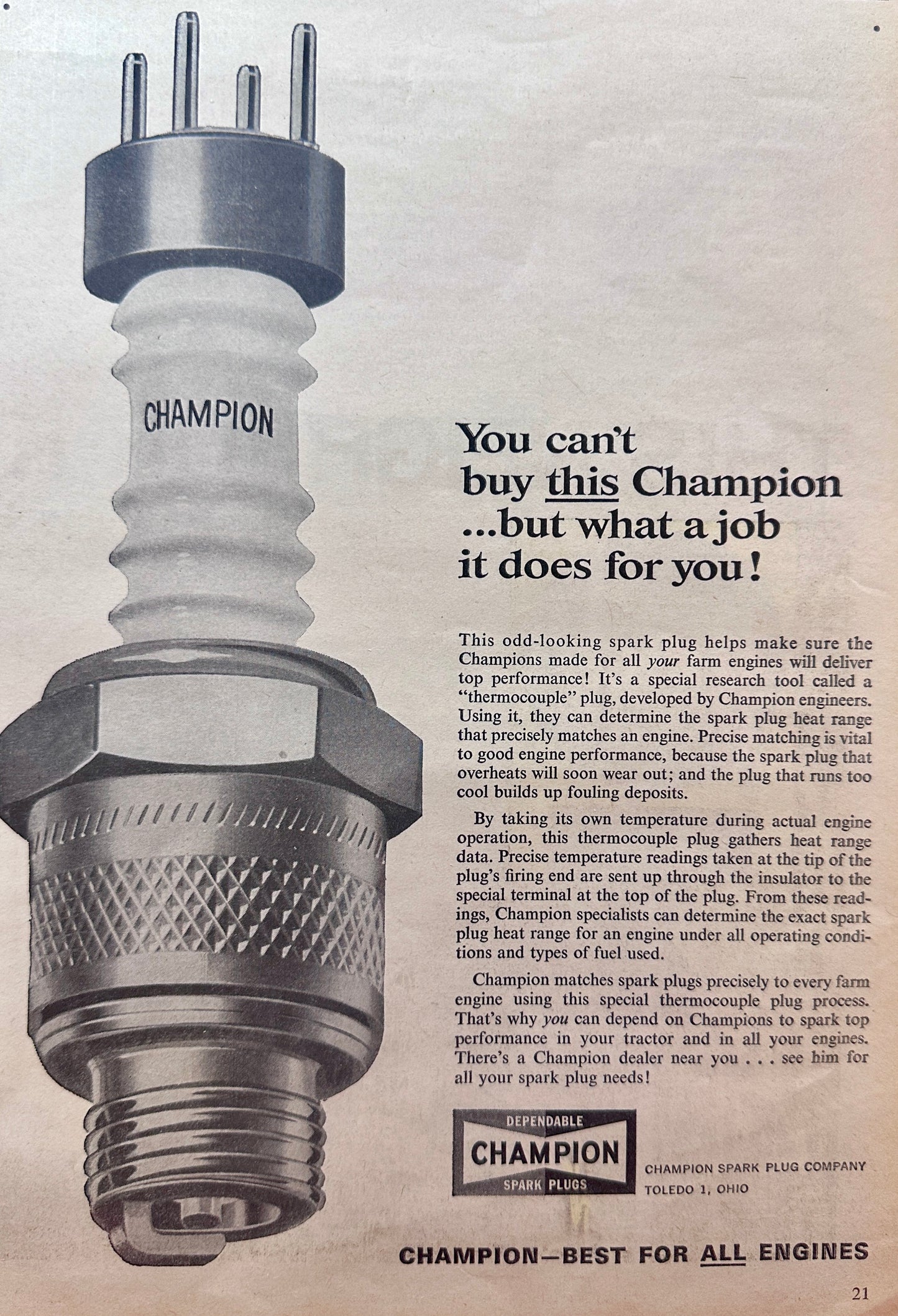 1965 Champion Thermocouple Plug - Not for Sale But For Research Vintage Ad