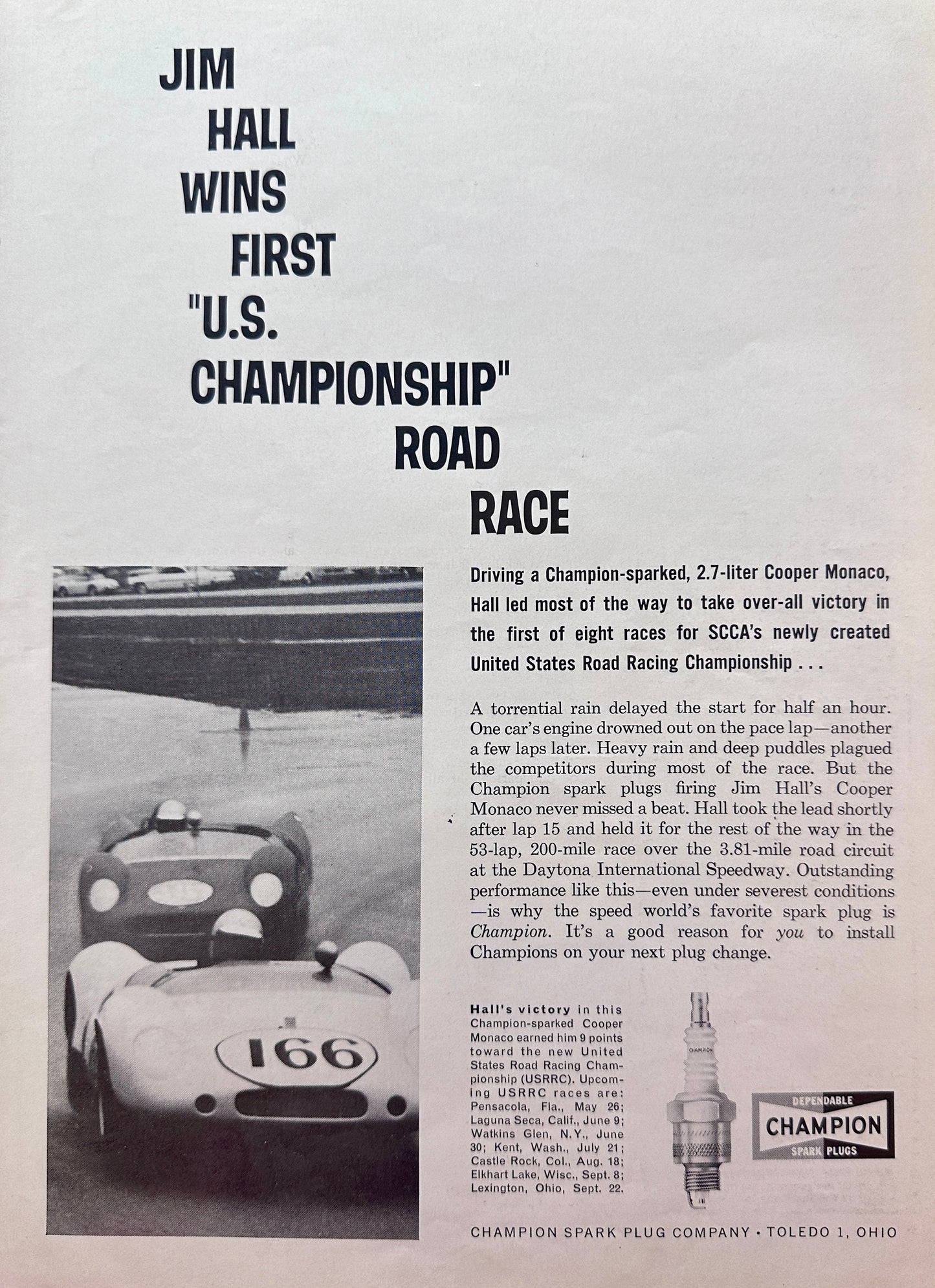 1963 Jim Hall Wins First US "Championship" using Champion Spark Plugs - Ad