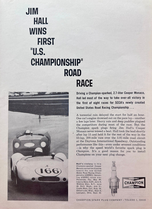 1963 Jim Hall Wins First US "Championship" using Champion Spark Plugs - Ad