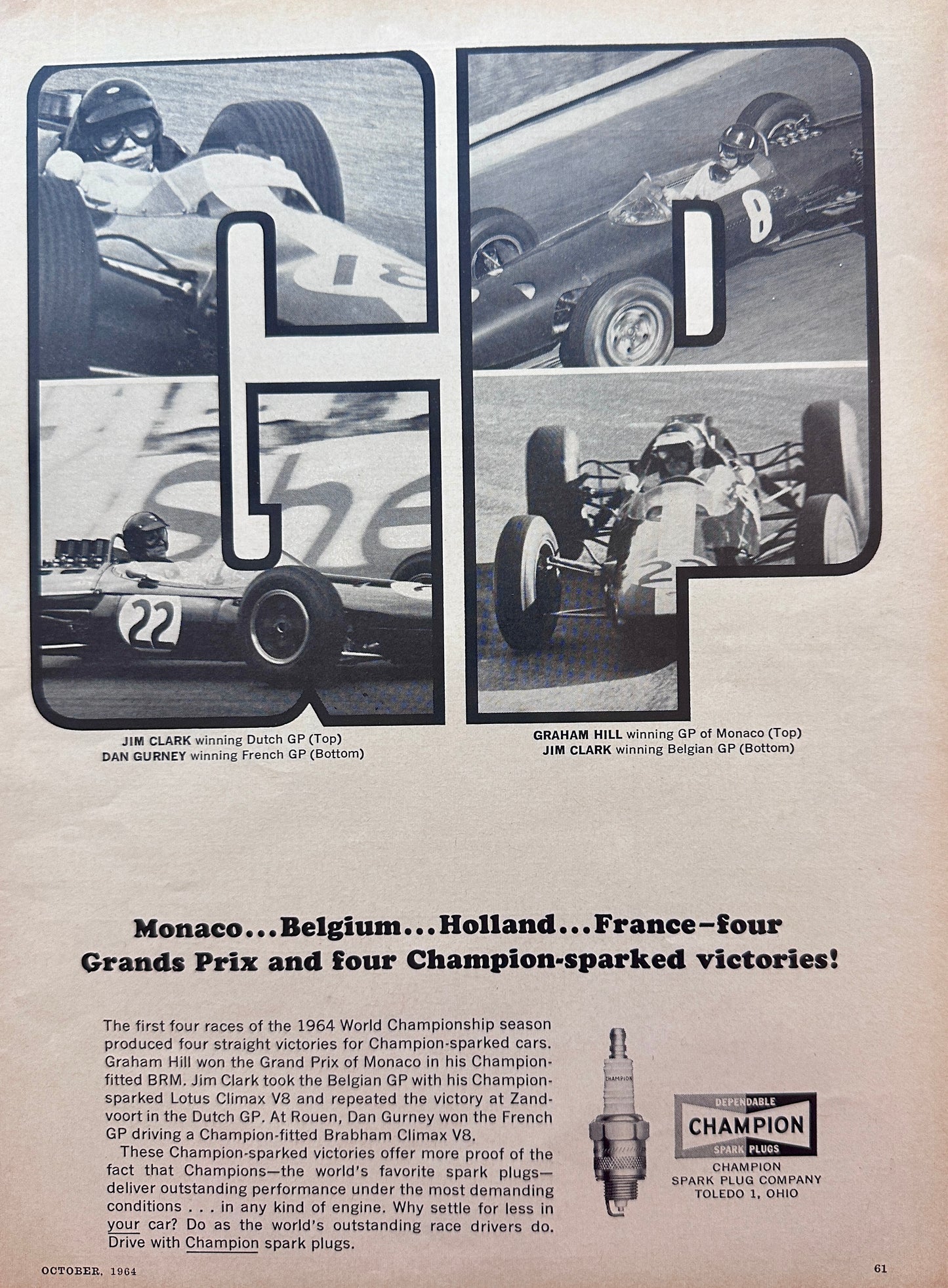 1964 Champion Power Wins 4- Grand Prix in 1964 - Vintage Ad