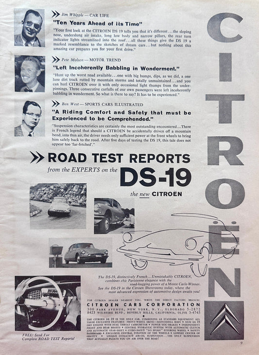 1957 Citroen DS-19 Lightly Water Stained - Road Test Reports