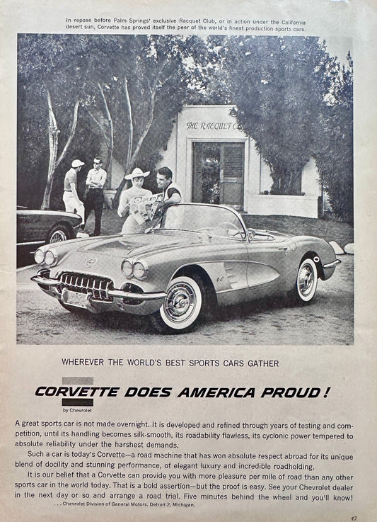 1958 Chevrolet Corvette Does America Proud! Classy Car Vintage Ad A79