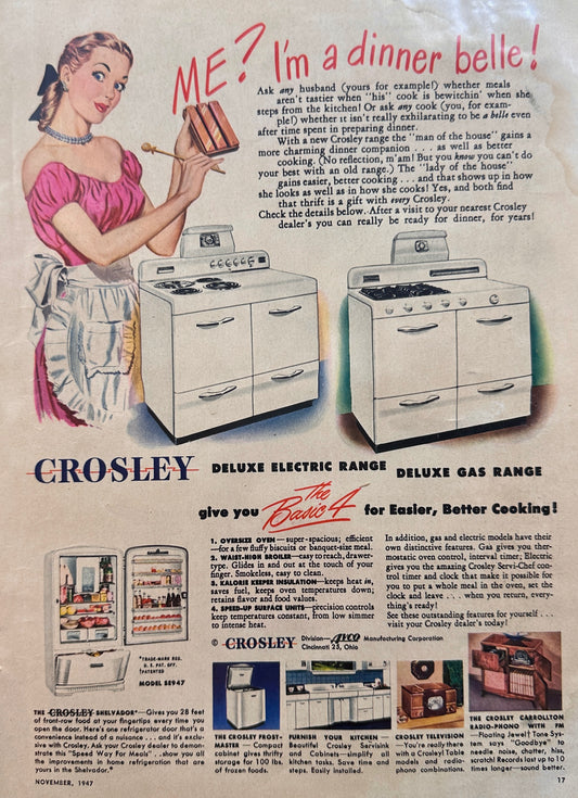 1947 Crosley Deluxe Gas & Electric Ranges, Appliances & Radios Vintage Ad N269