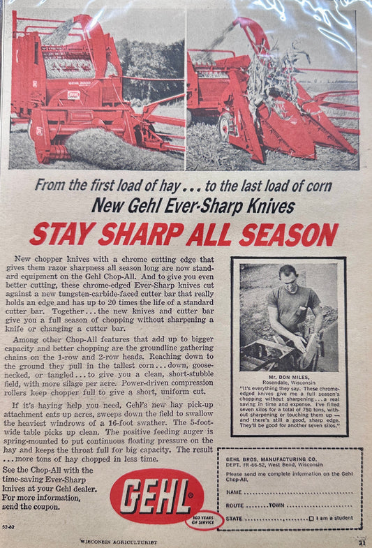 1962 Gehl Ever Sharp Knives on the Gehl Chop-All Harvester - Vintage Ad N398