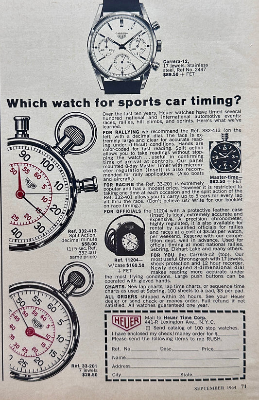 1964 Heuer Stop Watches and Wrist Watch For Sports Car Timing - Vintage Ad N470