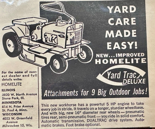 1963 Lot of 3 Homelite Yard Trac/Deluxe Lawn Tractor Ads