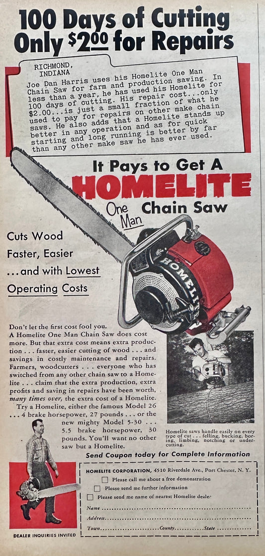 1953 Homelite Chain Saw the One Man Chain Saw Model 26 or 5-30 Vintage Ad N516