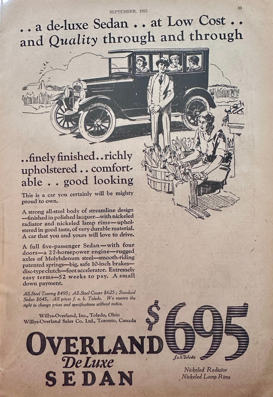 1925 Overland De-Luxe Sedan FOB Toledo for $695 - Vintage Ad #1356 & A322