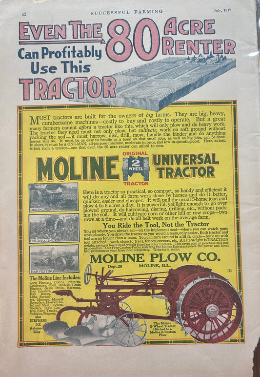 1917 Moline 2-Wheel Universal Tractor - You ride the Tool, Not the Tractor - Vintage Ad