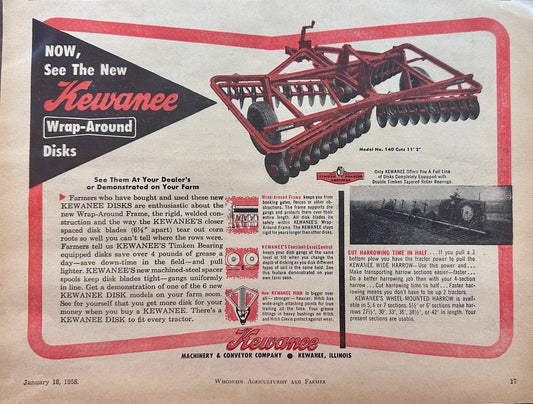 1958 Kewanee Wrap Around Disks - Farm Equipment - Vintage Ad N571