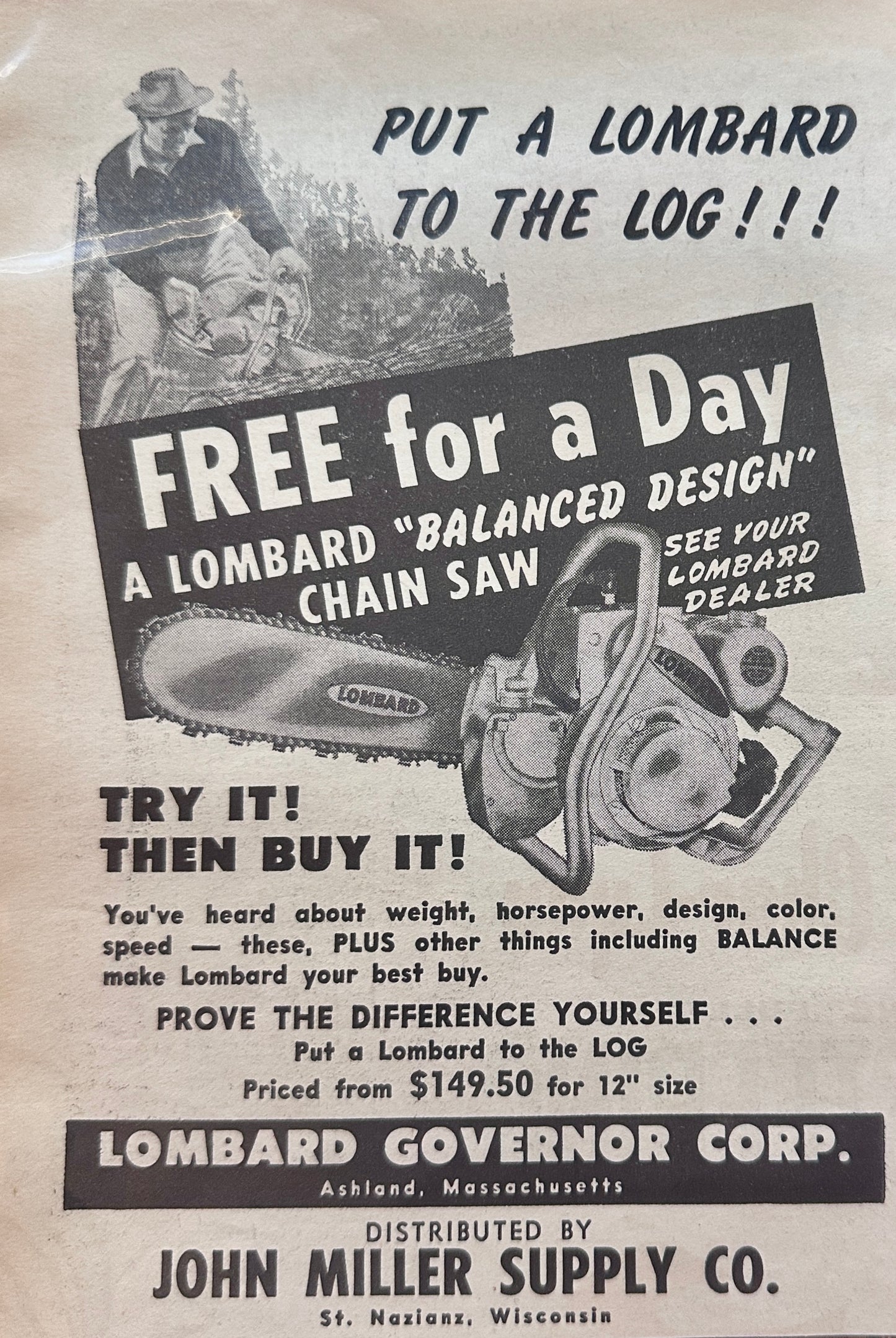1958 Lombard Chain Saw Vintage Ad Made in Ashland, Massachusetts N585