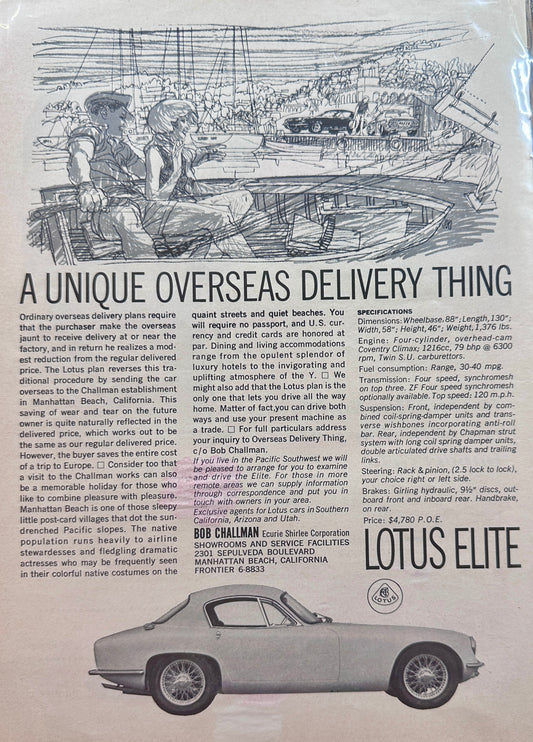 1963 Lotus Elite Vintage Ad Unique Overseas Delivery Thing & Ford Cortina A204