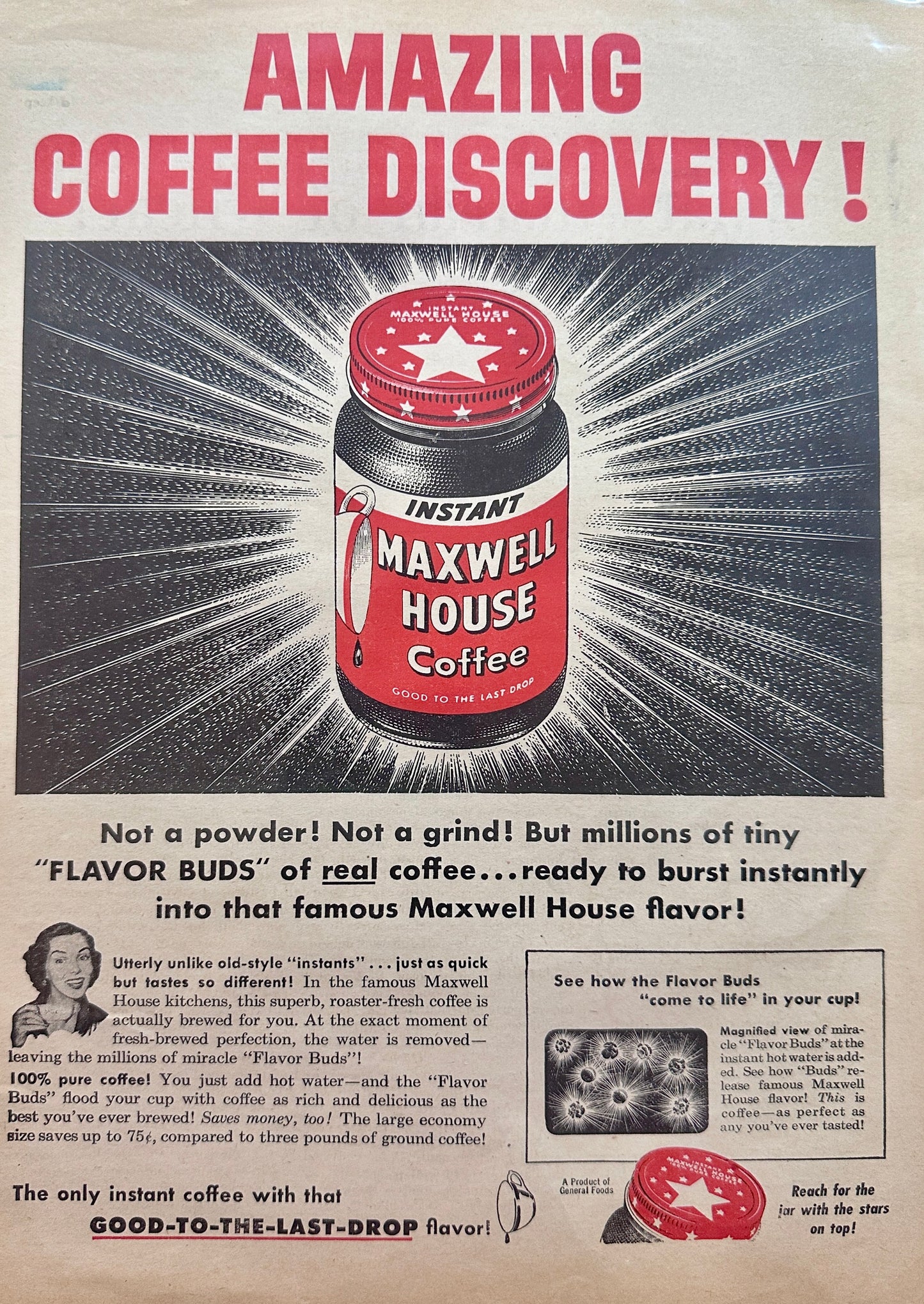 1953 Maxwell House Instant Coffee - " Flavor Buds" of Real Coffee Vintage Ad N610