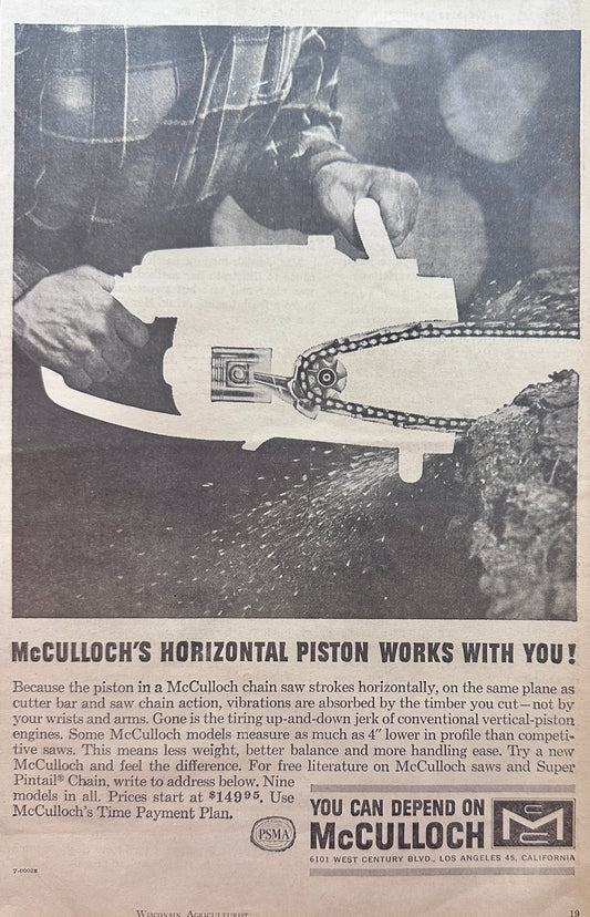 1961 McCulloch Chain Saw Vintage Ad Horizontal Piston Works with you! N630