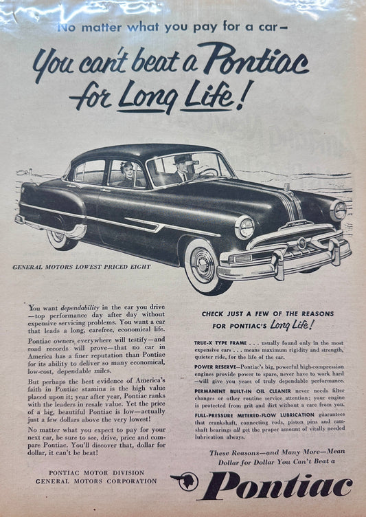 1953 Pontiac Chieftan You Can't Beat it for Long Live Vintage Ad #A309